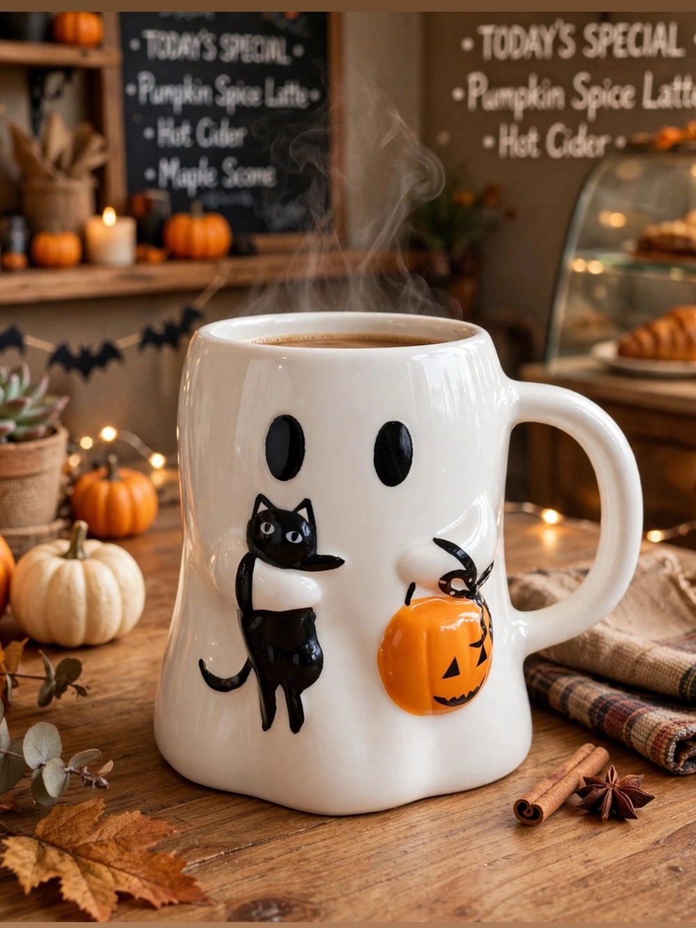 Halloween Ghost Mug with Black Cat & Orange Pumpkin